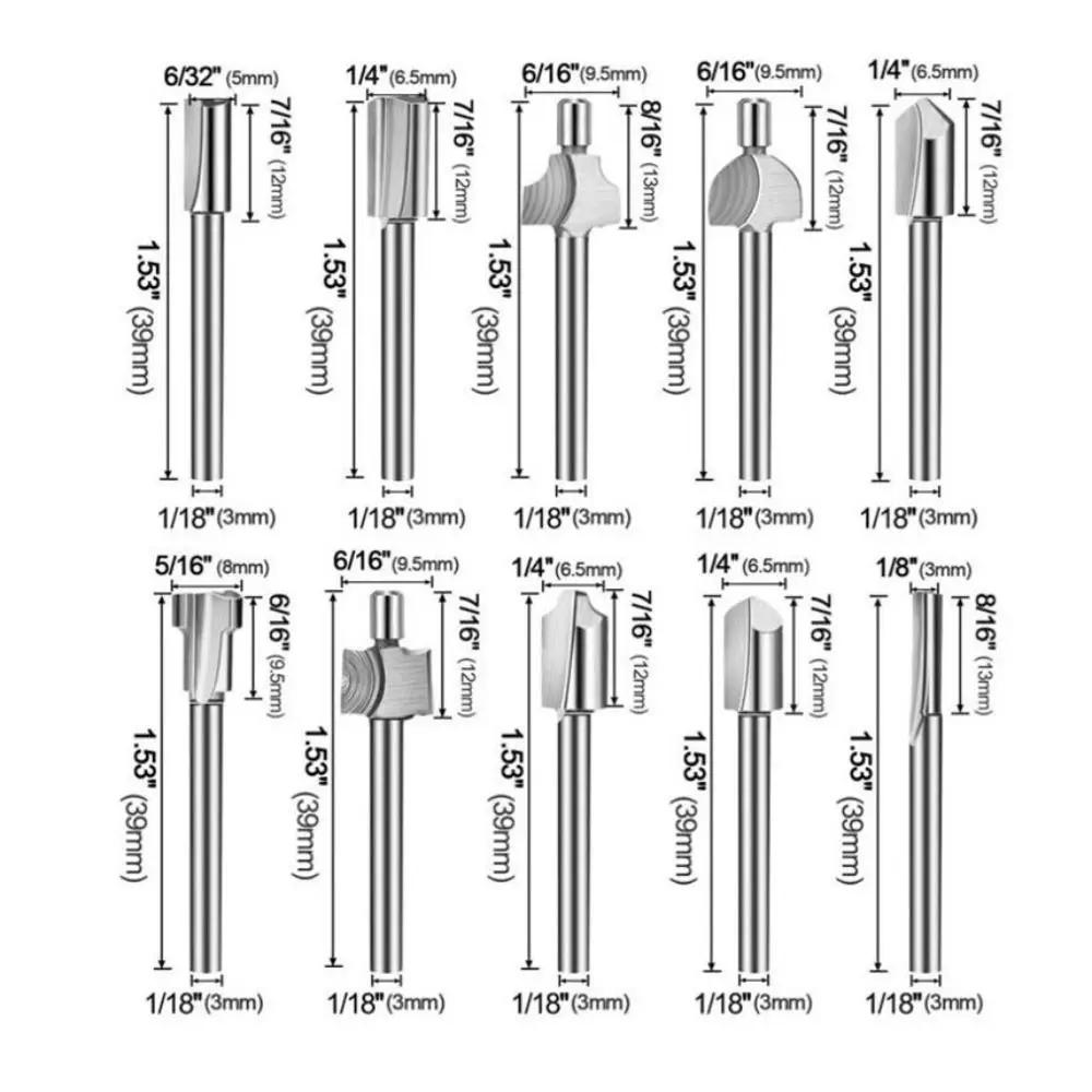10Pcs Portable HSS Router Bits 1/8" 3mm Shank DIY Drill Bit Professional High Quality Carving Router Bits for Dremel