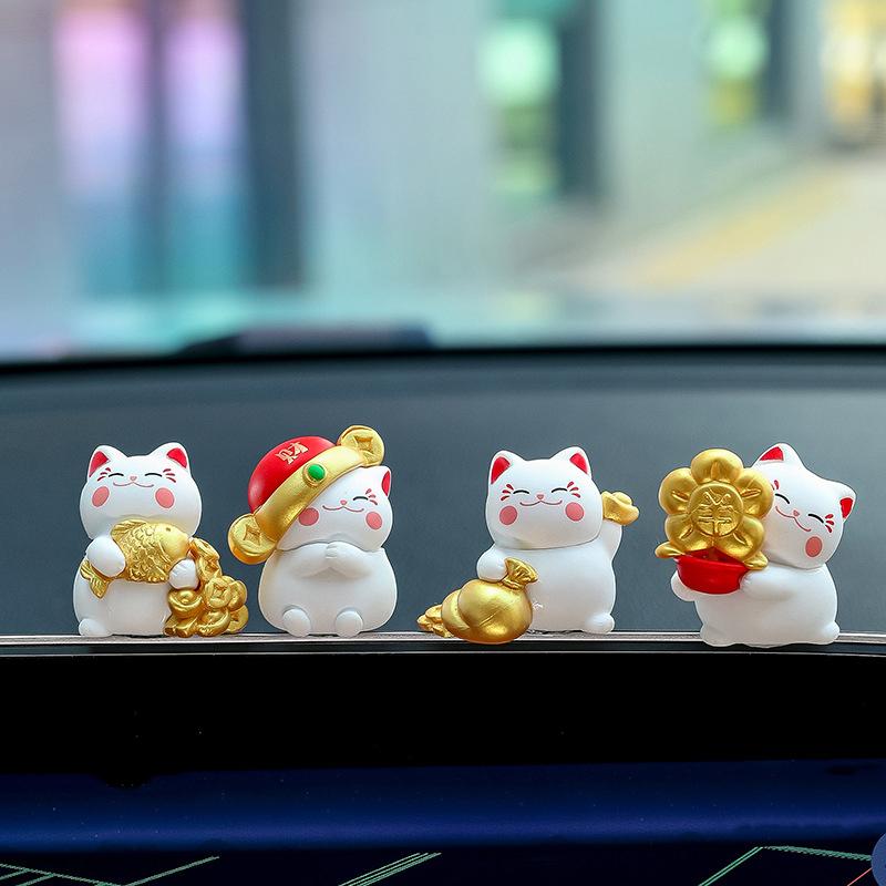 1 Set Animal Figurine Fortune Cat Car Ornaments Cartoon Chinese Lucky Wealth Waving Cat Model Desktop Decoration