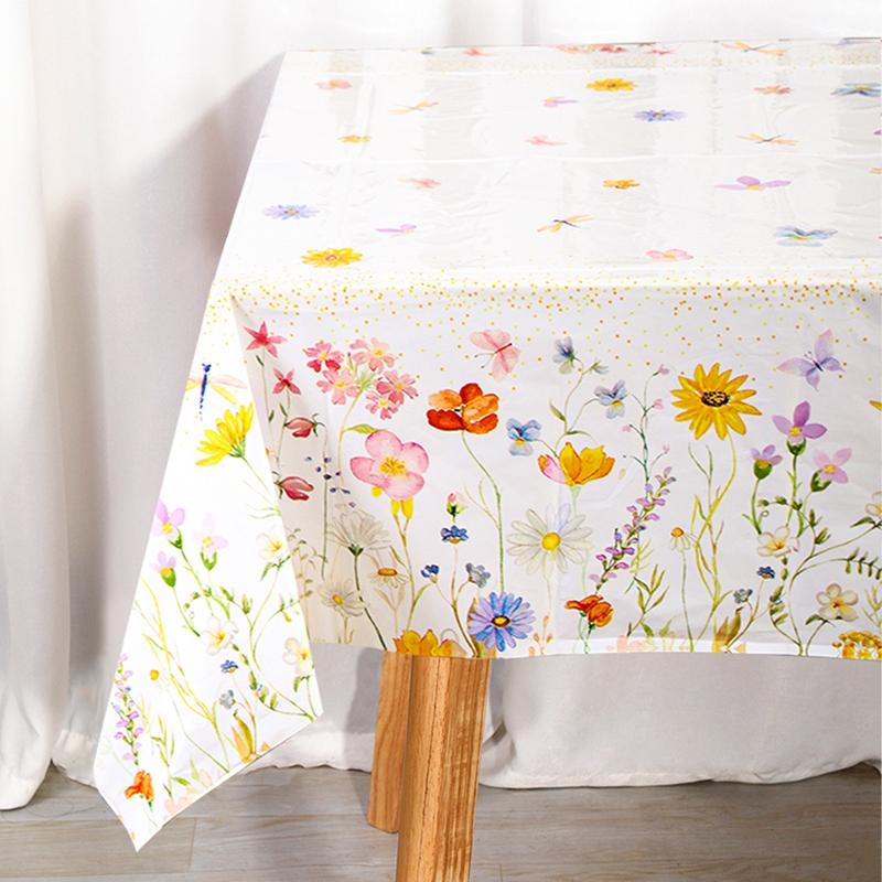 Spring Wildflowers Plastic Tablecloth Floral Grass Tablecover for Weddings, Mother's Day, Birthdays, Seasonal Spring Party Decor