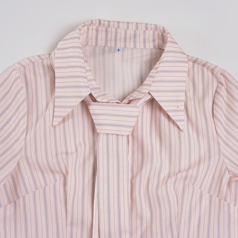 Korean Style Stripe Lapel Tie Shirt: Waist-Cinched, Long Sleeve, Sweet & Casual Women's Autumn Top