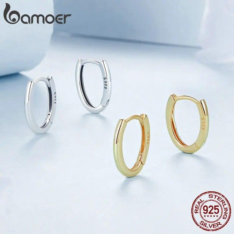 BAMOER Genuine Sterling Silver 925 Classic Oval Hoop Earrings for Women 2 Color Tiny Hypoallergenic Earrings Fine Jewelry