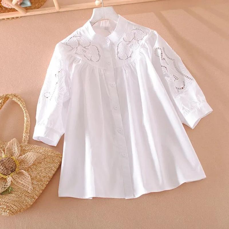 

Хлопковая рубашка женская летняя оверсайз свободная повседневная вышивка свободная повседневная мягкая свободная рубашка топ XXXL белый