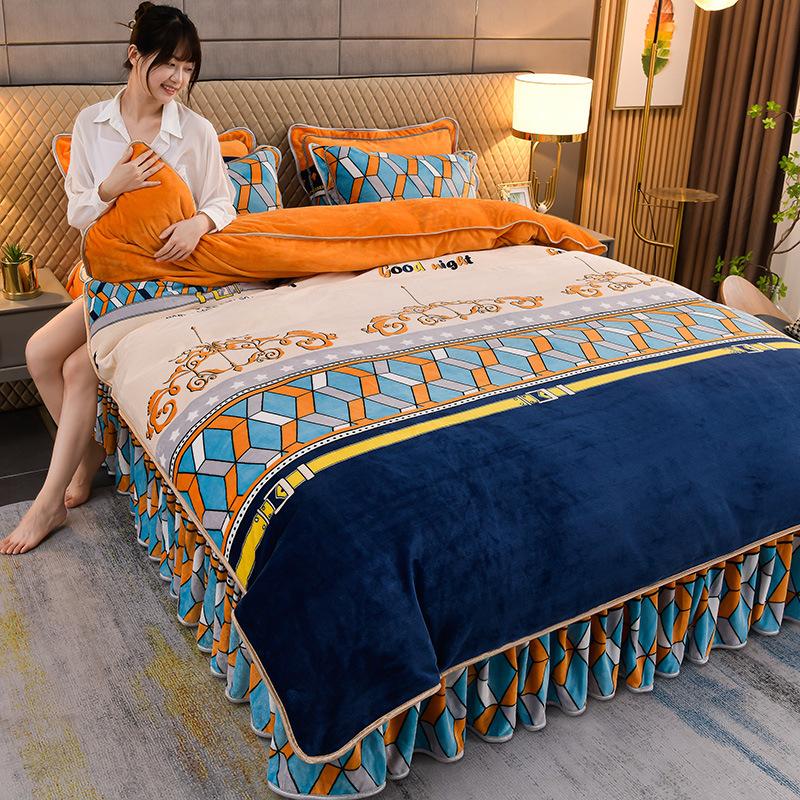Thick Milk Velvet Bed Skirt 4 Piece Set Plush Fleece Winter Crystal Velvet Bed Sheet Duvet Cover With Skirt Winter Bedding Set For Cozy Home