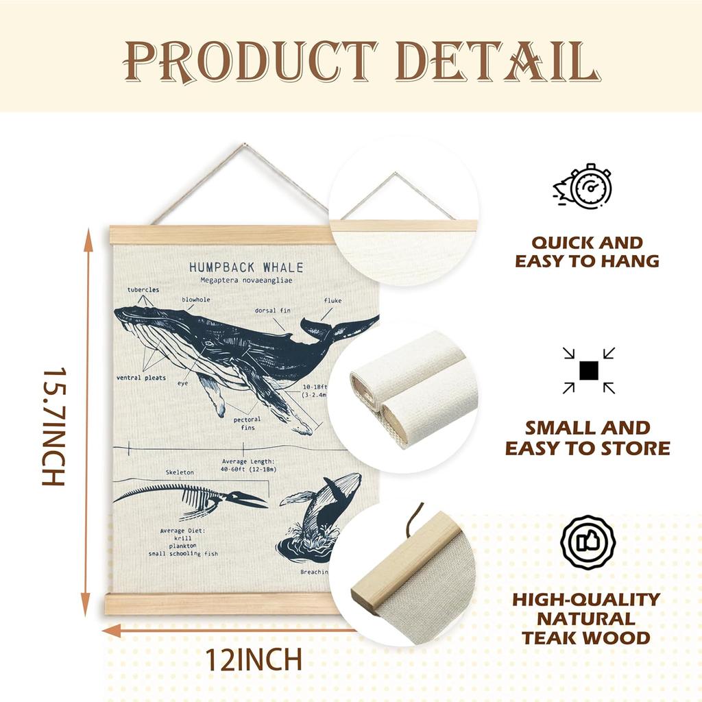 ignytiger Beach Ocean Whale Wall Art Poster, Marine Biology Beach House Room Decor, Summer Whale Ocean Theme Canvas Bathroom Nursery Classroom Decor,