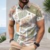 Men Plus Size Short Sleeve Quarter Zip Collared Polo Shirt Geometric Printed White Black Orange