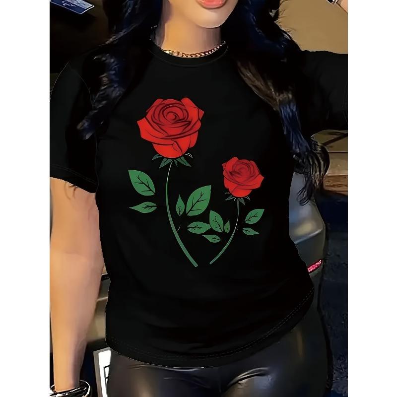 

Womens Rose Print Round Neck T Shirt Spring Summer Casual Short Sleeve Top 4XL чорний