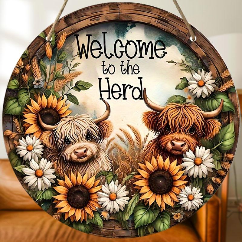"Welcome To The Herd" Rustic Wooden Hanging Plaque with Curly Highland Cows & Sunflowers - Classic Farmhouse Wall Decor Sign for Door, Wall, Home Room