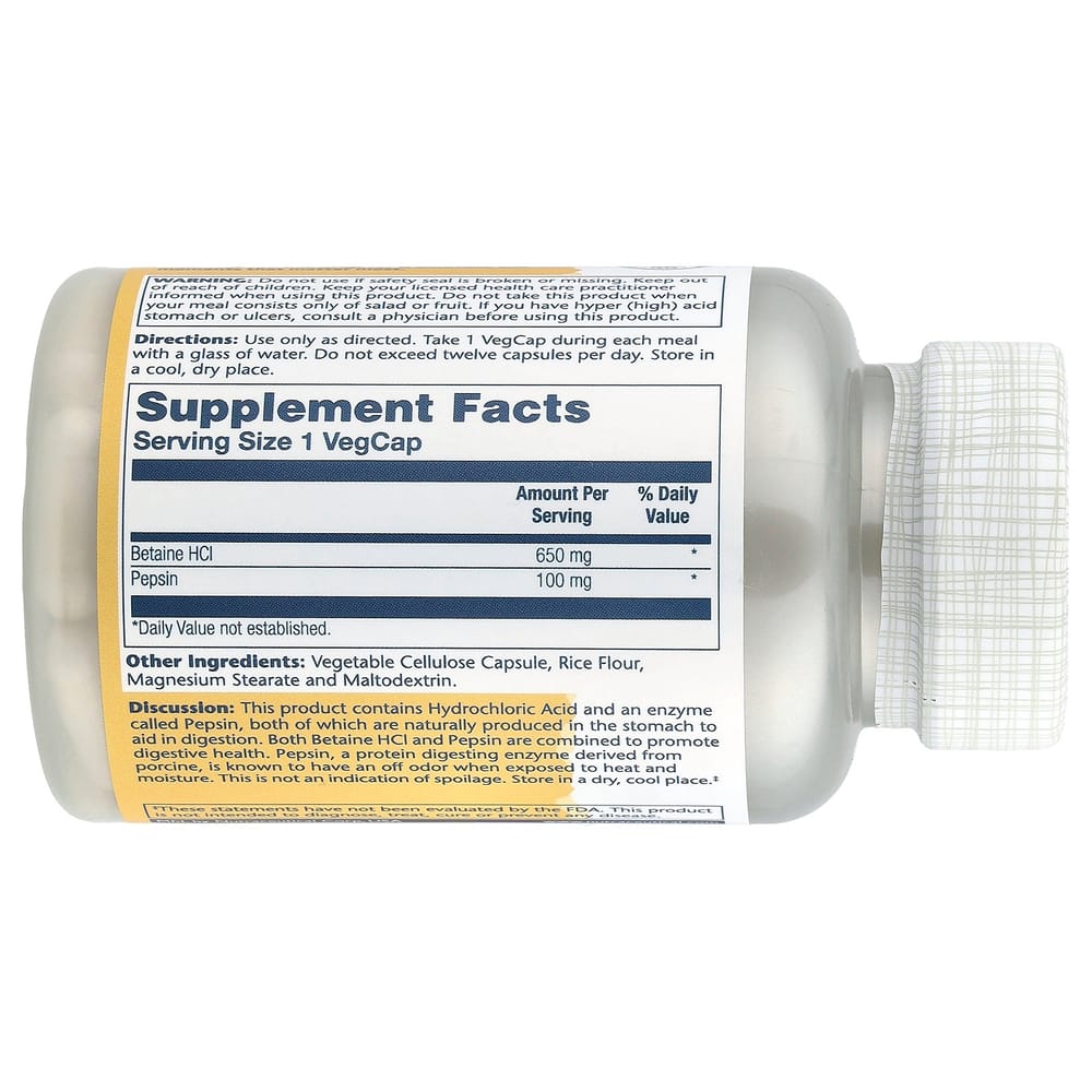 Solaray Betaine HCl with Pepsin 650mg Vegetarian Capsules, 100 Count