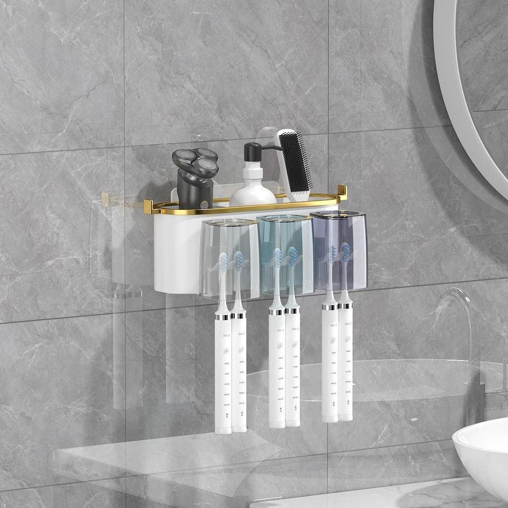 Gold-Plated Wall-Mounted Toothbrush & Mouthwash Holder Set, Punch-Free Installation