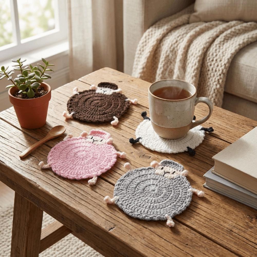 Cartoon Knitted Animal Coaster Handmade Teacup Pad Creative Crochet Lamb Coasters Home Decor