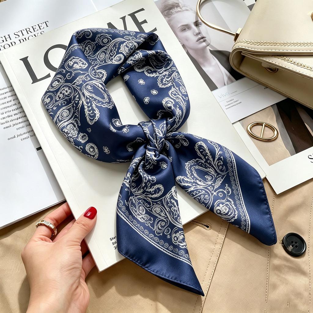 Commuter elegant flower silk scarf women's contrasting color retro printing satin scarf shirt with multi-purpose decorative small scarf