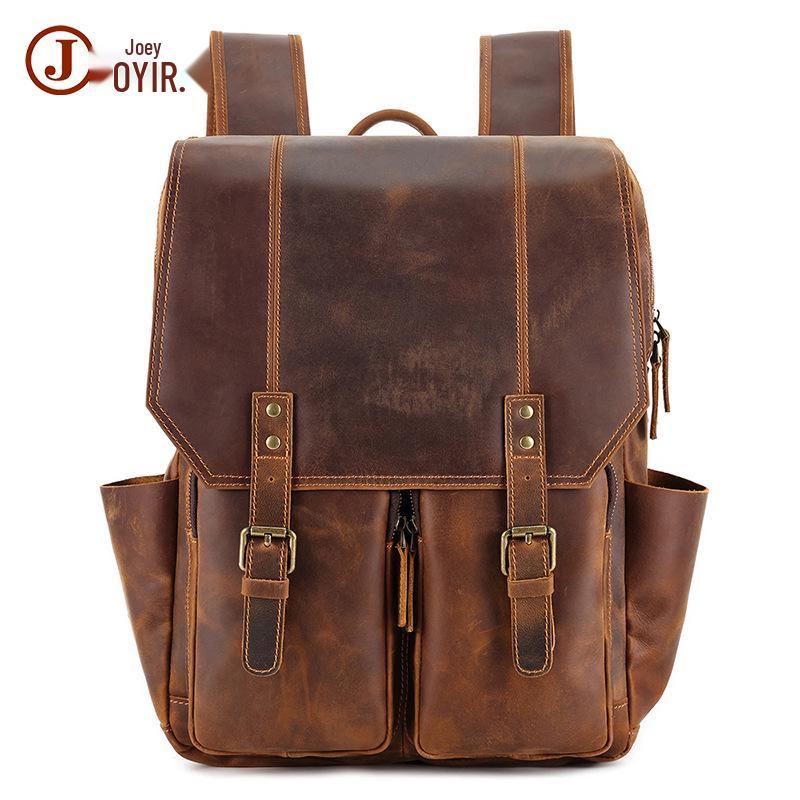 Herren Rucksack Crazy Horse Leder Doppel Schulter Reise Rucksack - Retro Echtes Leder Sportlich Lässig Tasche
