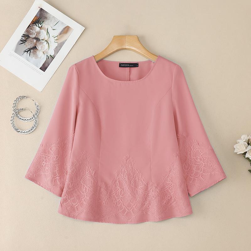 

ZANZEA Women Casual Round Neck 3/4 Sleeve Loose Lace Splice Blouse 5XL