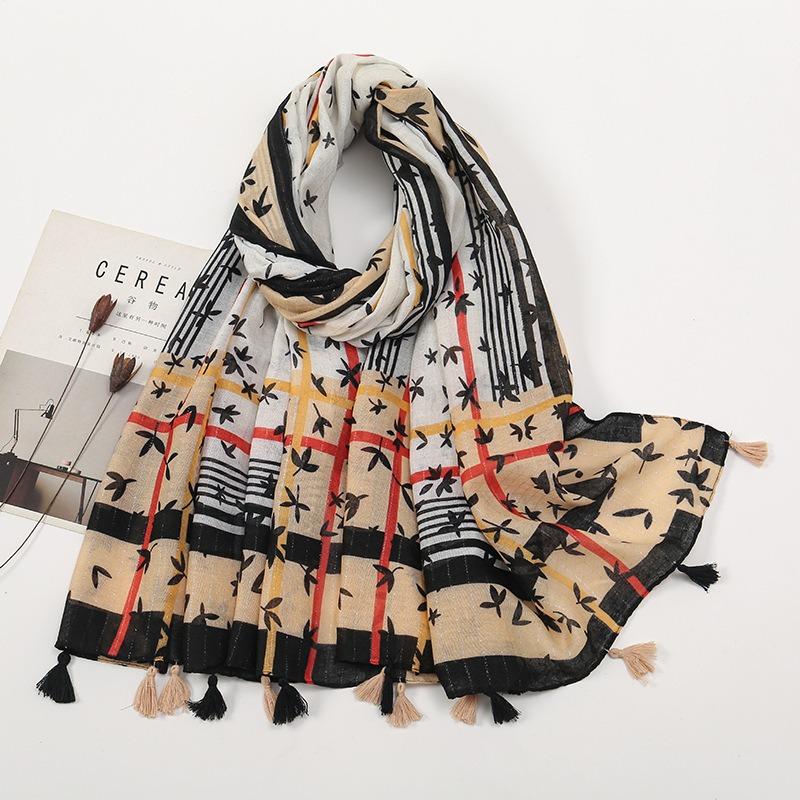 Spring and Autumn New Bali Yarn Tassel Retro Printed Geometric Scarf Versatile Fashion Travel Sunscreen Shawl Silk Scarf Women