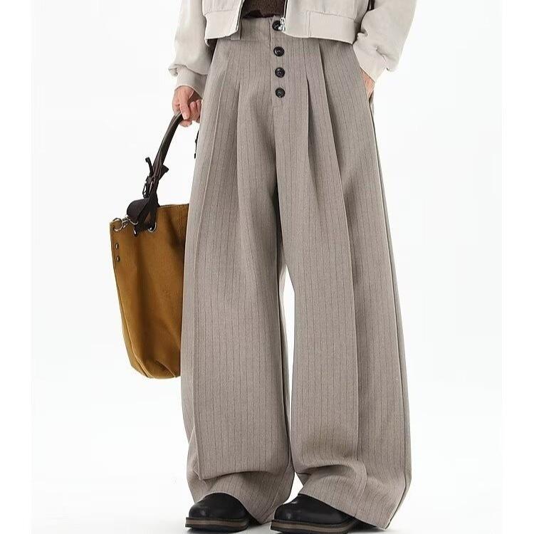 American striped straight pants men's retro long-breasted buckle versatile old money style couple casual pants