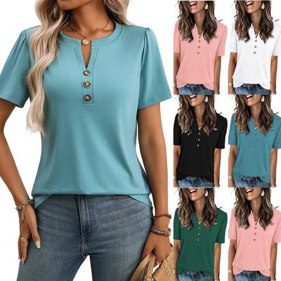 Καλοκαιρινό Νέο Τοπ - Μονόχρωμο Μοντέρνο κοντομάνικο T-shirt με κουμπιά