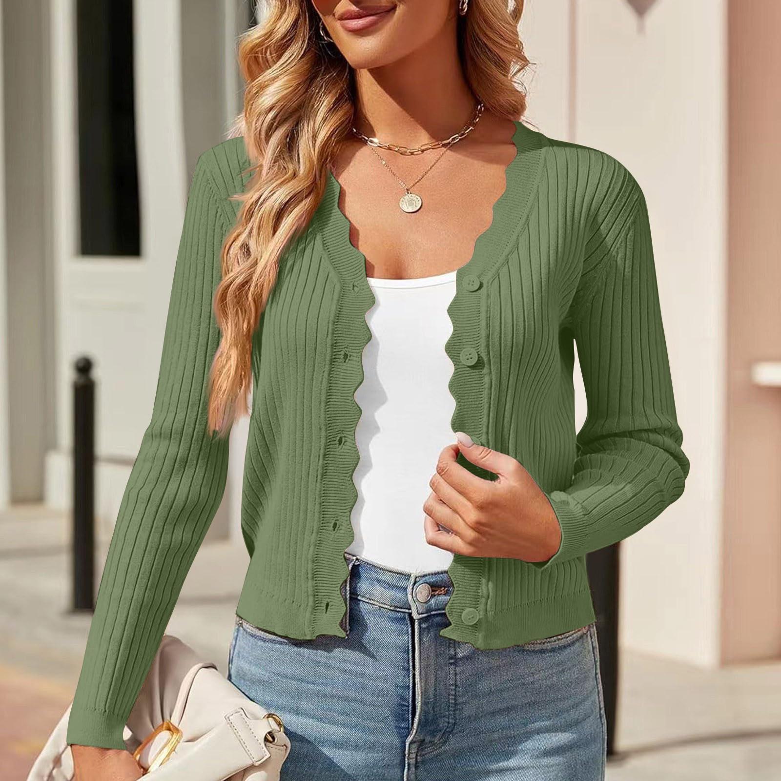 

Женский однотонный повседневный кардиган с фестончатым краем, V-образным вырезом, тонкий короткий вязаный жакет L армия зеленый