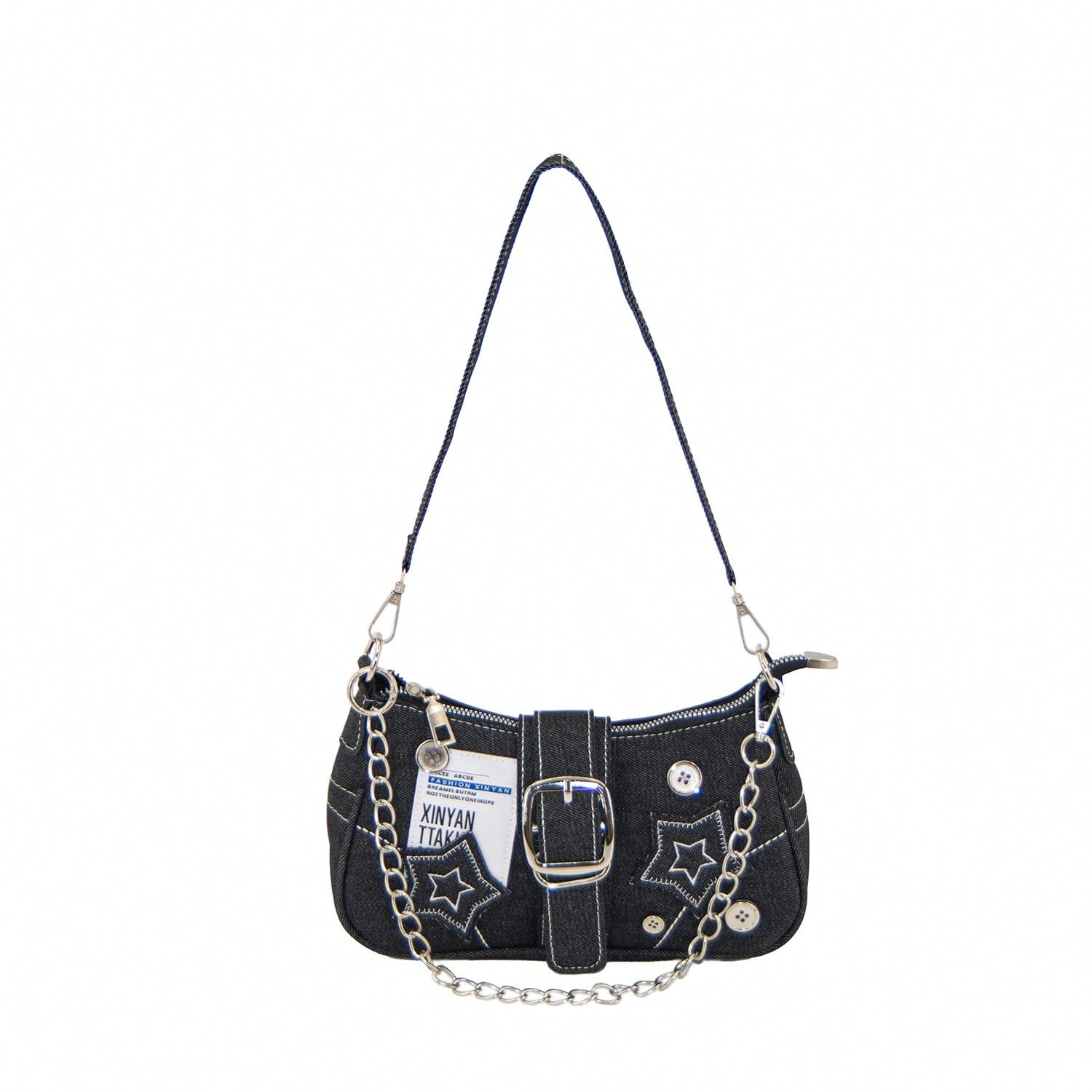 Sac d'aisselle en jean Sac à bandoulière rétro en jean pour femme Sac à main à chaîne Épice Fille Étoile black multicolore