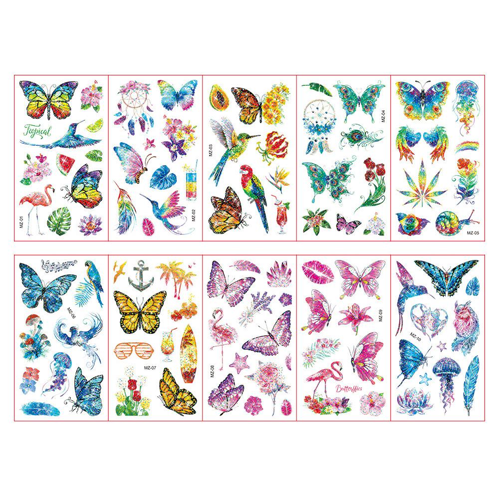 10 Fogli/Set Tatuaggi Adesivi Colorati con Polvere Glitterata Cartone Animato Animale Unicorno Principessa Veicolo Tatuaggio Temporaneo Finto per Bambini