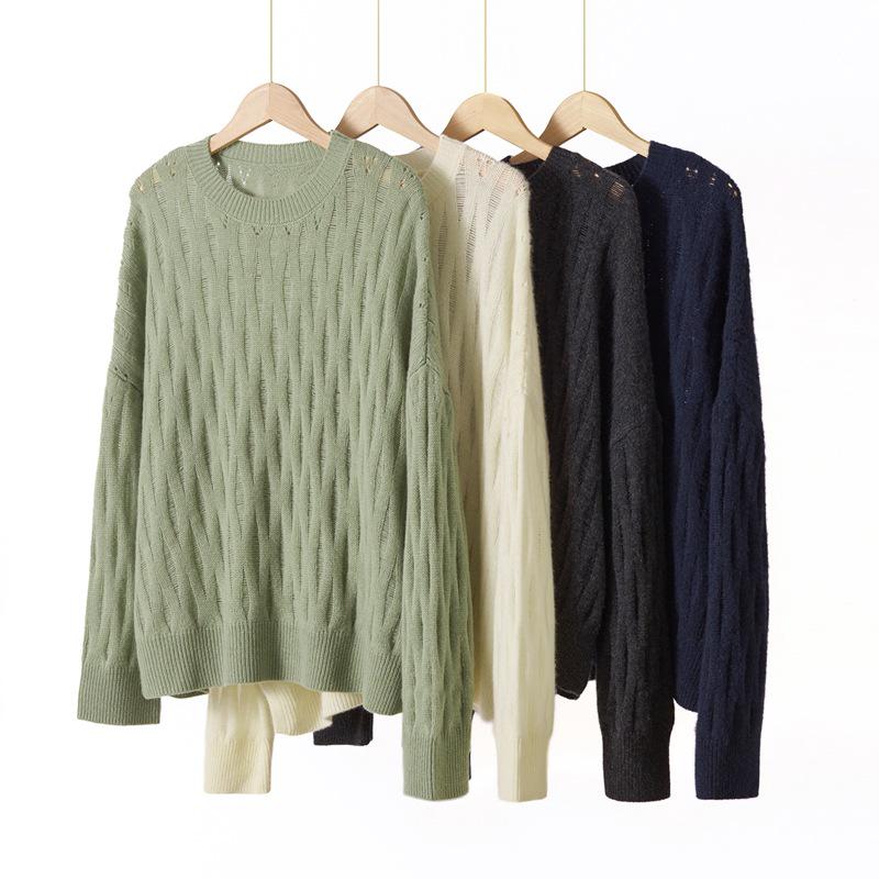 Women's 100% Pure Cashmere Hollow Out Cable Knit Round Neck Sweater - Autumn Winter Retro Pullover