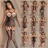 Erotic Black Mesh One-Piece Lingerie Set with Open Stockings - Tempting and Sexy