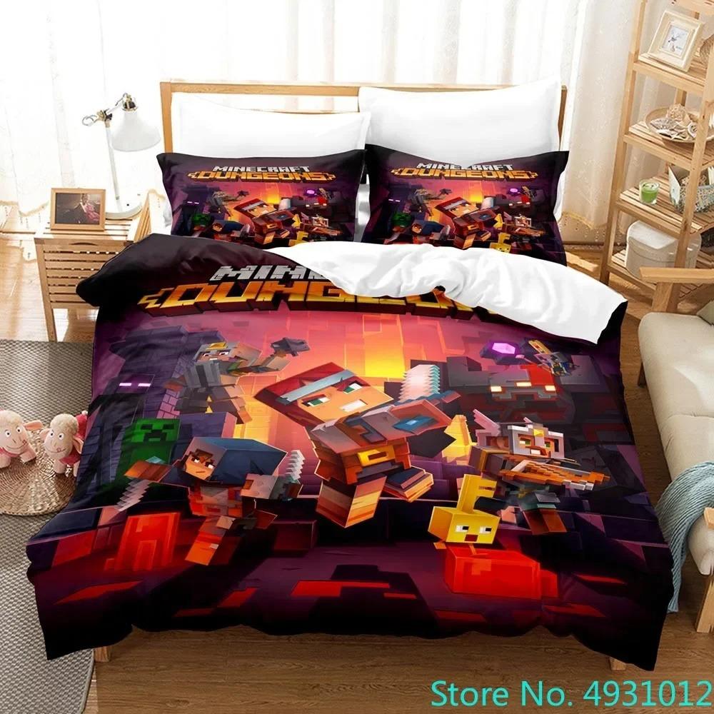 3D Cartoon Minecraft Duvet Cover for kids,Game Simulated World Bedding Set,Duvet Cover Pillowcases with Zipper Youth Kids Gift