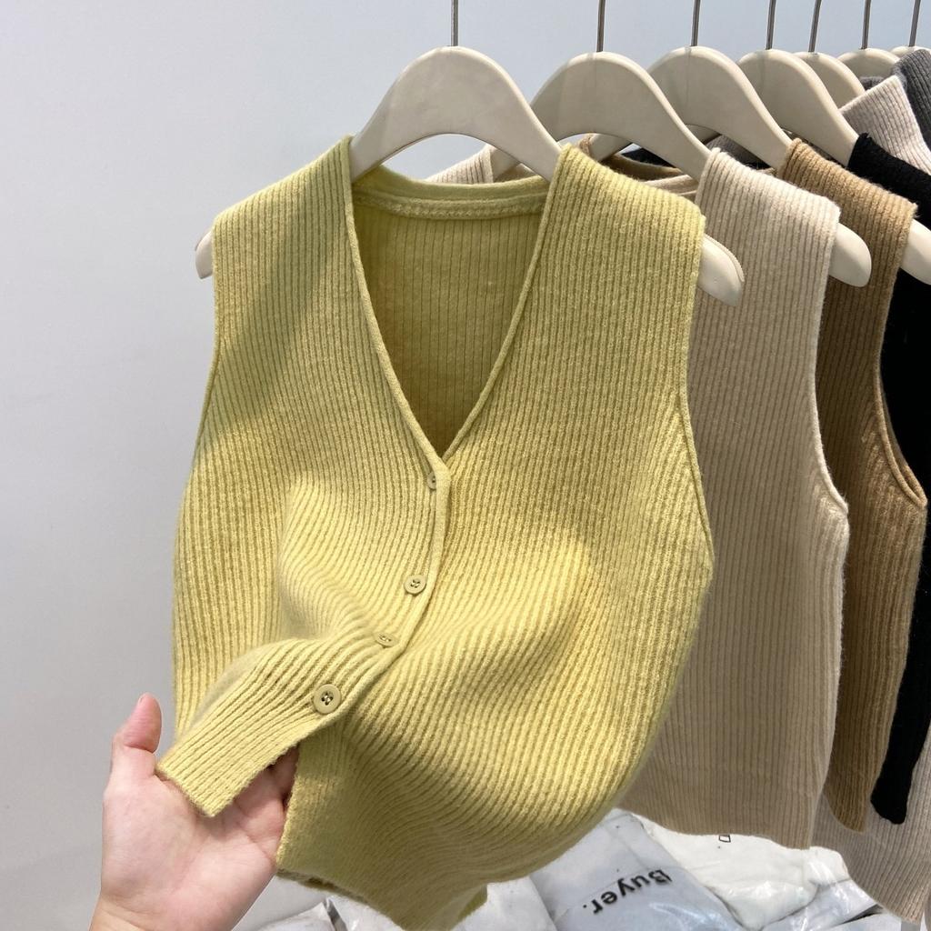 Vintage V-neck Knitted Cardigan, Vest, Vest, Spring High-end Sense Overlay, Sleeveless Top for Women
