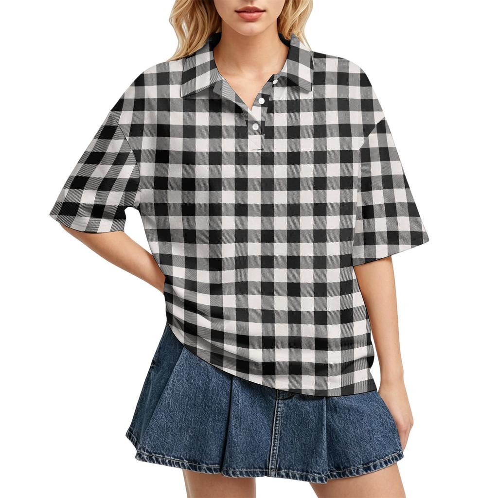Women Casual Polo Shirt Loose Fit Short Sleeve Button Down Collar Checkered Pattern Lightweight Top for Daily Wear