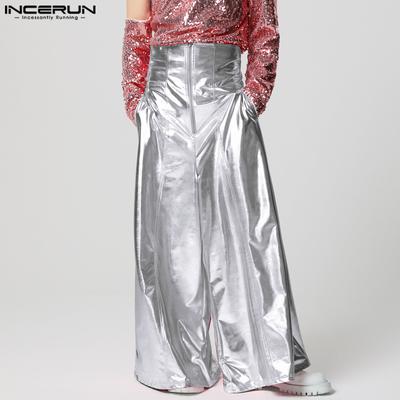 Men High Zipper Waist Glitter Casual Party Long Trousers Wide Legs Pants