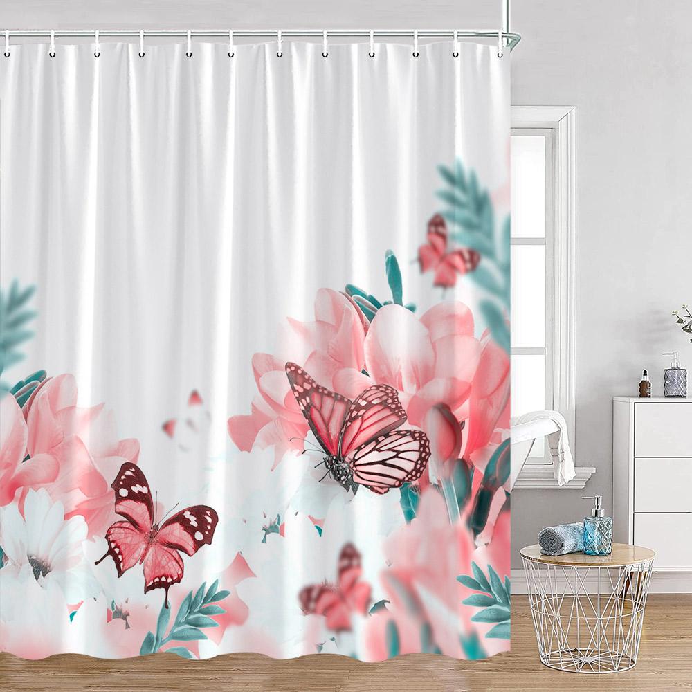 Butterfly Shower Curtains Multicolored Flowers Pastoral Floral Bathroom Decorations Rustic Polyester Bath Curtains with Hooks