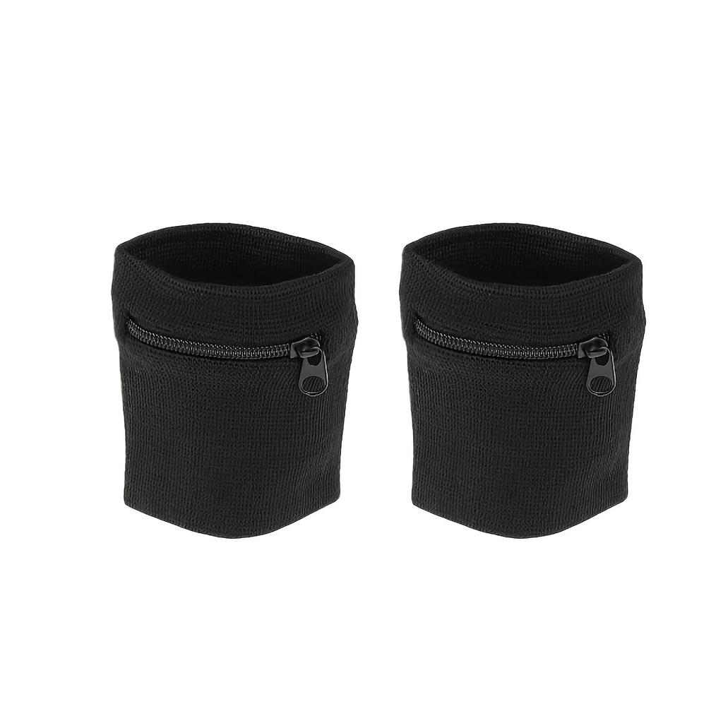 2pcs Zipper Wristbands with Hidden Storage Pocket - Hands-Free Wrist Sweat Bands for Men & Women, Running, Hiking, Gym