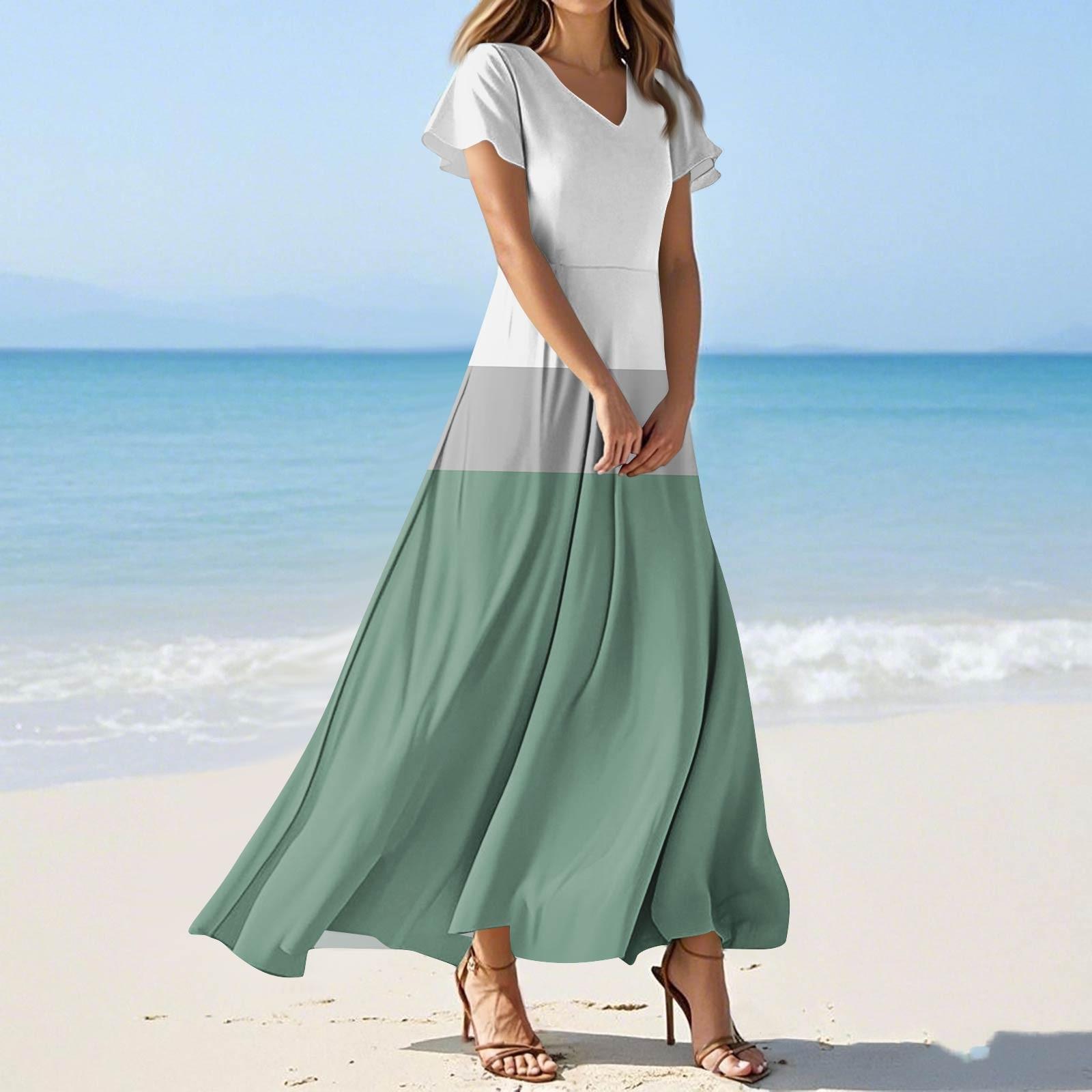 

Жіночі літні повсякденні модні кольорові сукні з V-подібним вирізом і короткими рукавами M зелений