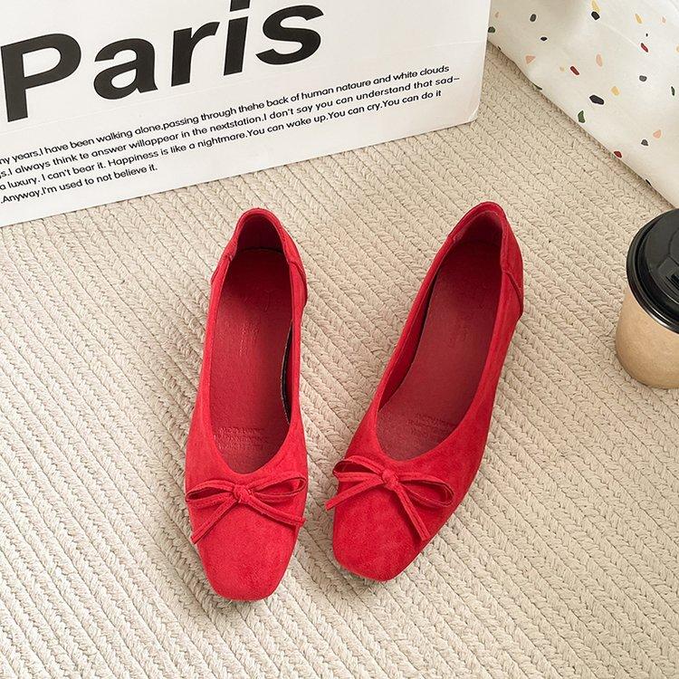 Retro Ballet Flat Bottom Red Light Mouth Single Shoes Women's New Suede Gentle Soft Sole Doudou Shoes One Pedal Ladyshoes