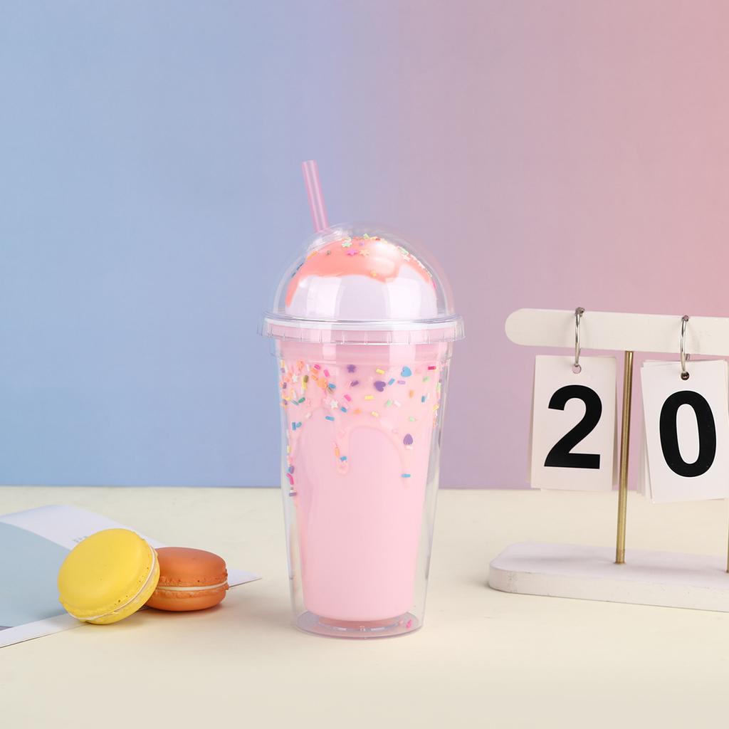 Water bottle Fashion Internet celebrity straw cup Cream Epoxy ice cream ice cream cup Double layer couple plastic water cup with lid