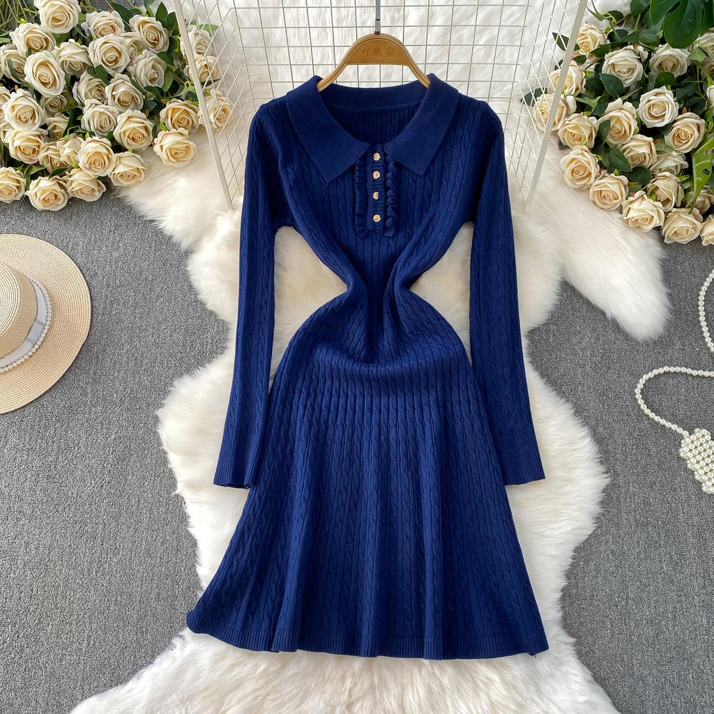 Autumn Winter High Waist Polo Knitted Umbrella Dresses  New Long Sleeve Casual Loose Sweater A-line Dresses Female