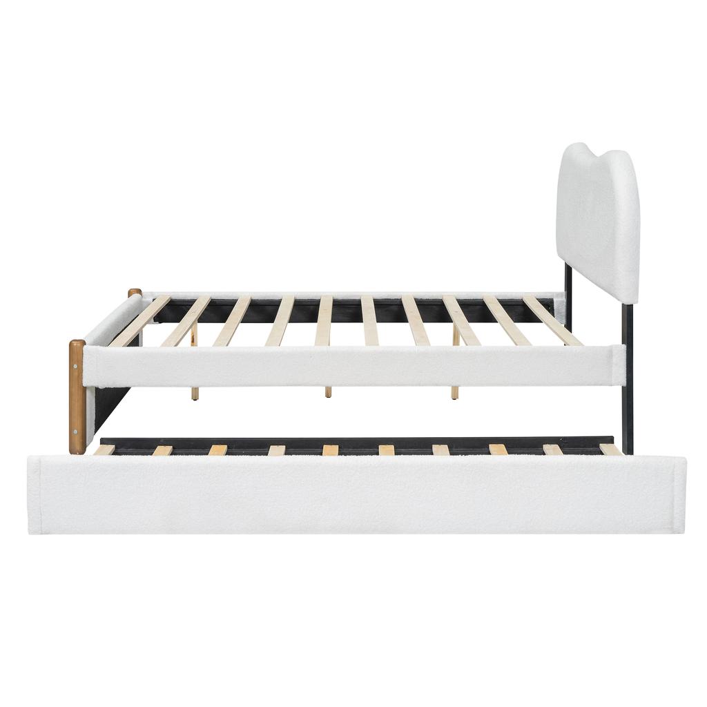 Letto piatto 140*200 cm, imbottito, con pratico letto estraibile su ruote, design minimalista, bianco