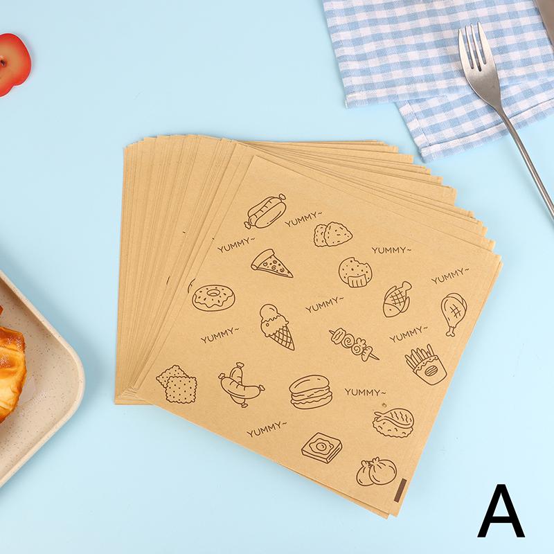 50Pcs Cute Cartoon Square Wax Paper Sandwiches Burgers Fries Fried Wrappers Bags Waxed Paper Baking Paper Food Packing Pouches