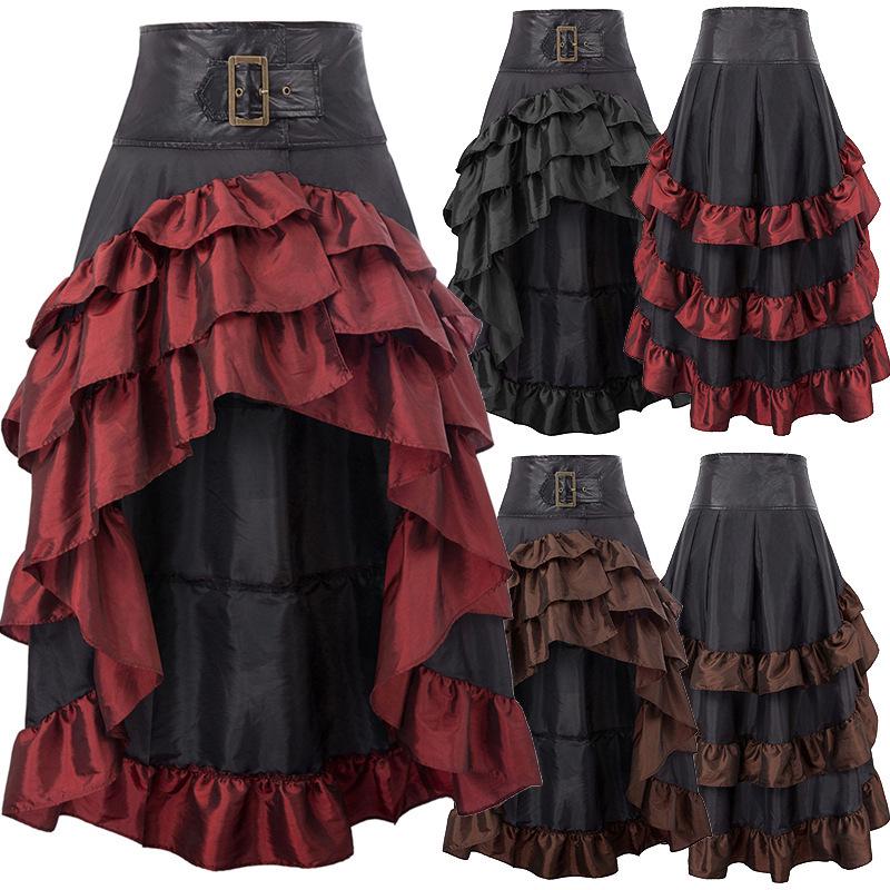 

European & American Retro High-Waist Asymmetric Ruffle Cake Skirt S красный