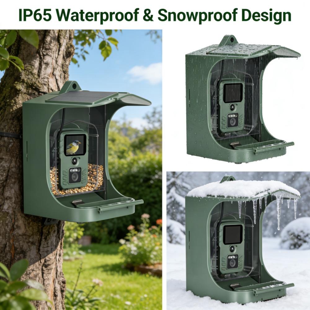 Smart Feeder with Camera Solar Powered, 2K HD Video 24MP Photo Night Vision, Dual Food Troughs for Hummingbirds & Wild Bird