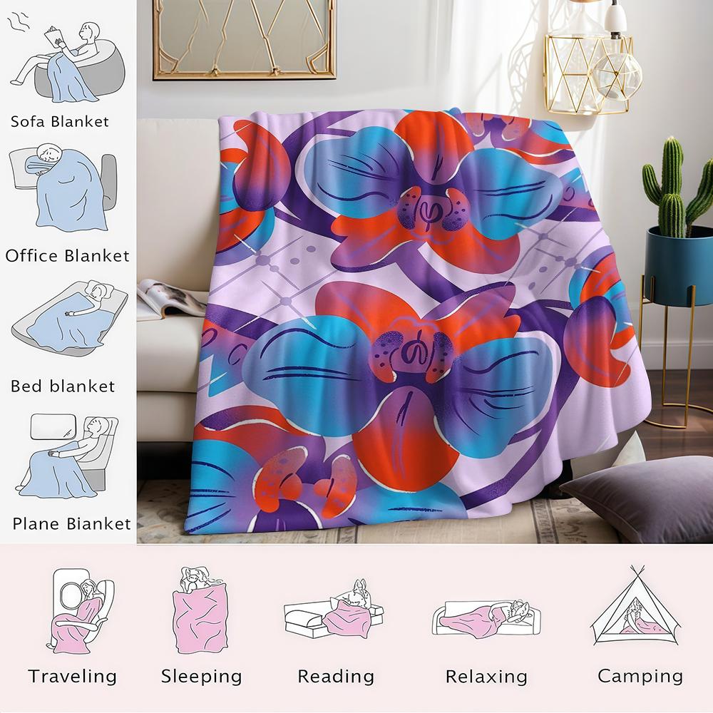 Blue And Red Orchid Illustration Flannel Blanket Warm Soft Halloween Christmas Couch Warm Cozy Decorative Decor For All Season