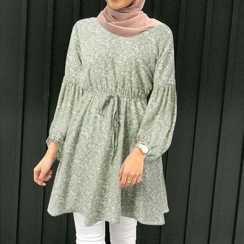 

Женские повседневные платья с длинными рукавами, круглым вырезом, шнуровкой и цветочным принтом 5XL зелёный