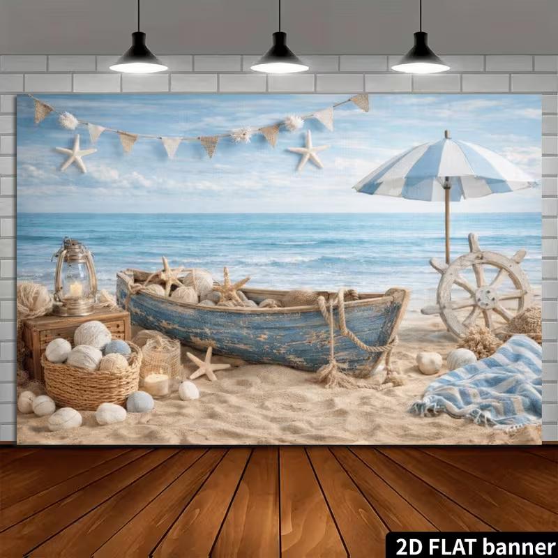 2D Vintage Beach Boat Backdrop for Summer Photoshoot