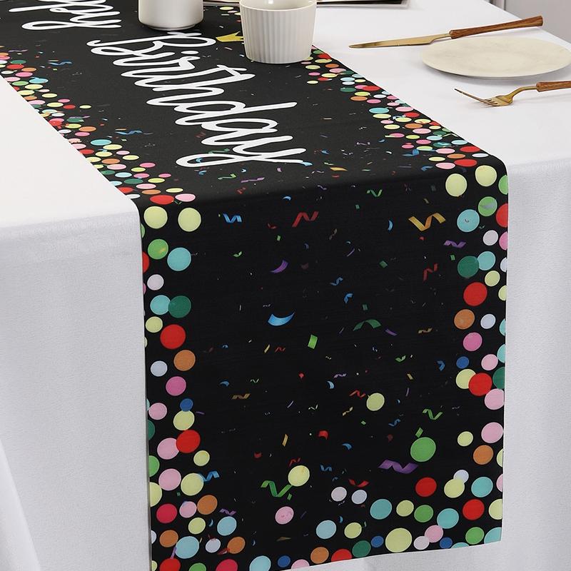 Colorful Polka Dot Pattern Decorative Table Runner, Happy Birthday Theme Polyester Table Flag, Birthday Party Table Ornament