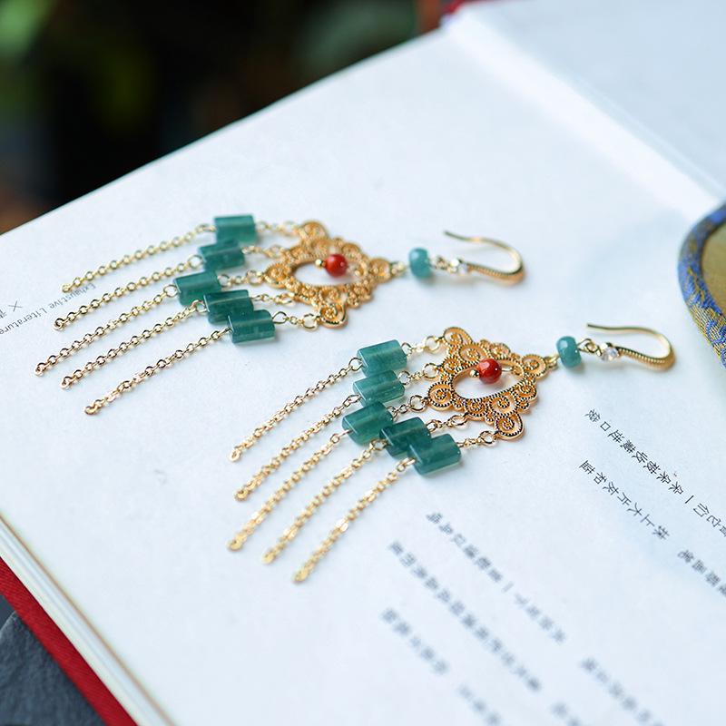 Natural Jade Blue Water Tassel Earrings, Elegant Chinese-Style, Long 14k Gold-Plated Design