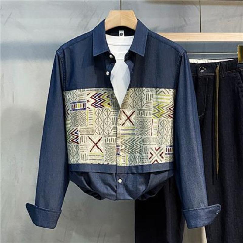 

Новая весенне-осенняя повседневная рубашка-пальто свободного кроя в стиле трендовой моды оверсайз с принтом японской литературы, универсальная мужская L синий