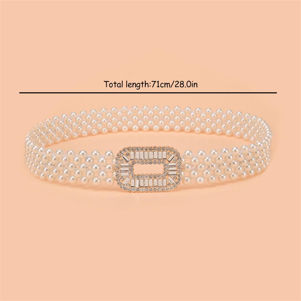1PC Women's Elastic Waist Belt With Gold Buckle And Five Rows Of Faux Pearls, Sweet And Fashionable