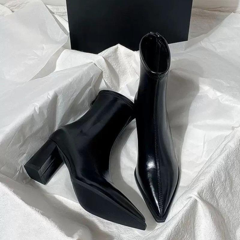 Autumn Winter Fashion Thick Heel Slim Ankle Boot Women Pointed Toe Zipper Shoes Mordern Short Booties  De Mujer