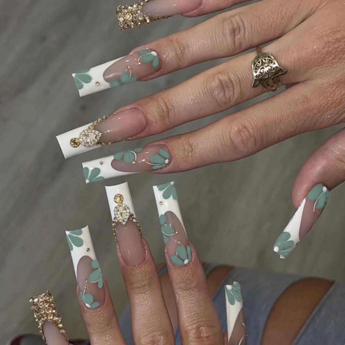 

Rhinestone Glitter Nude French Nail Stickers - 24-Piece Wearable Nail Art Set Glue Type