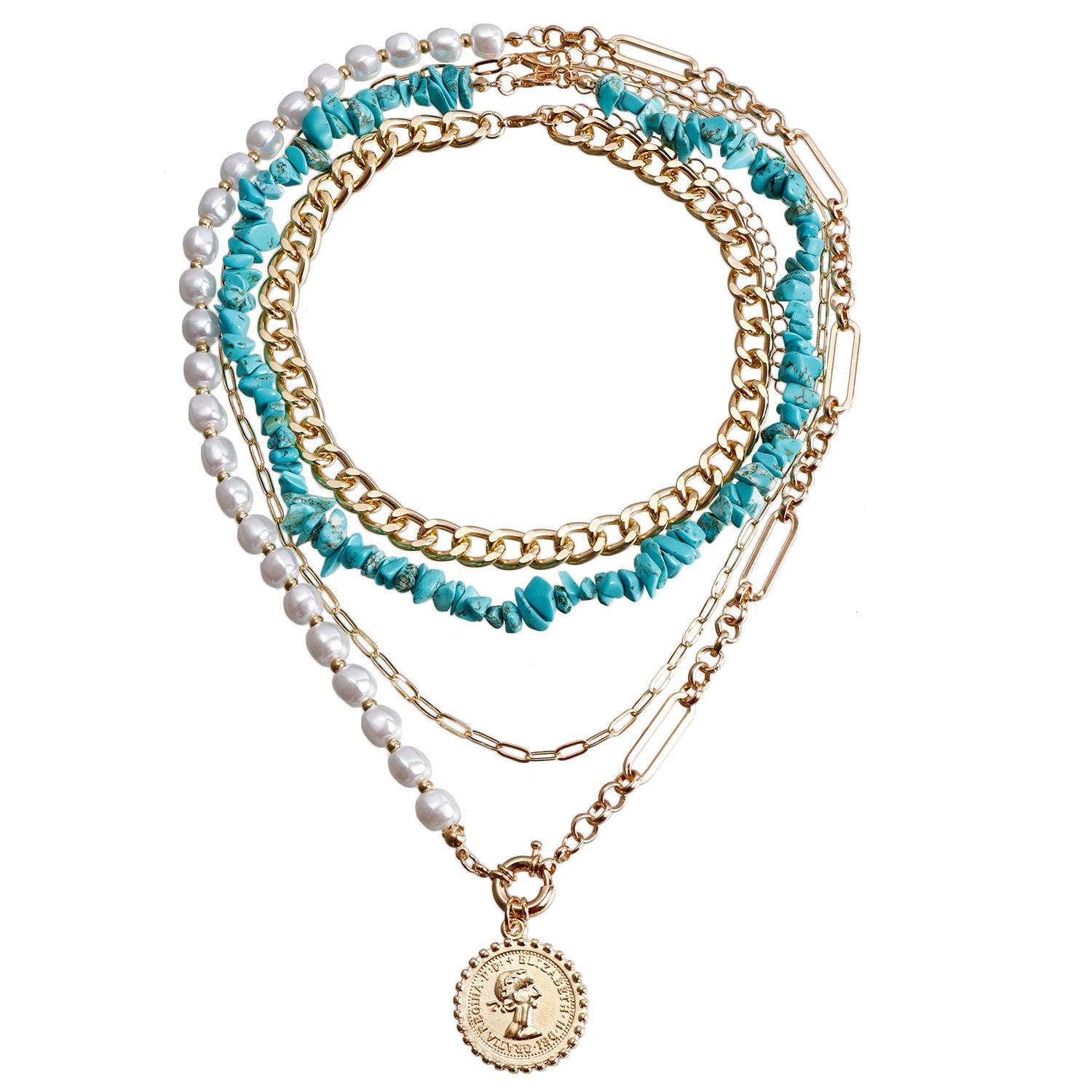 

Богемное геометрическое ожерелье из бусин из искусственного жемчуга, женское креативное ожерелье-чокер из бирюзы и металла, набор золотой