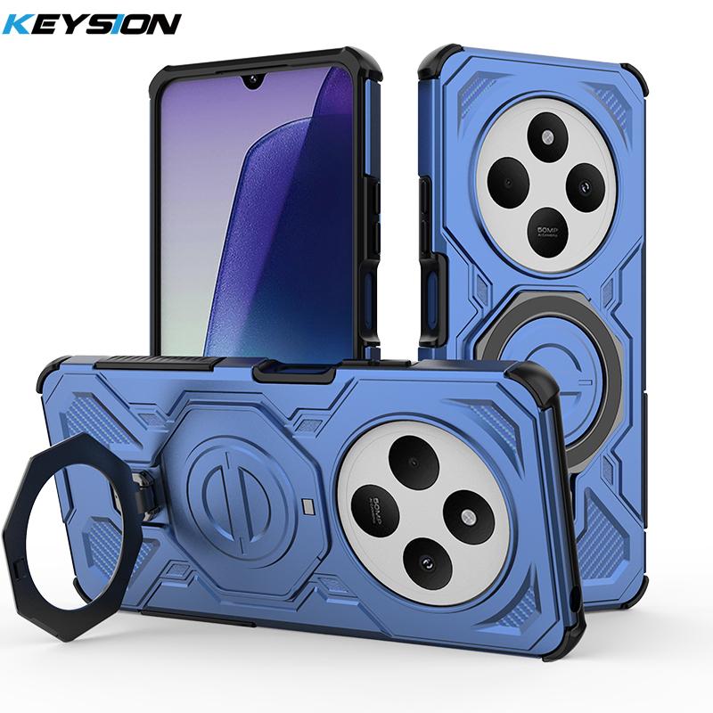 KEYSION Shockproof Magnetic Case for Redmi 14C Silicone+PC Upright Live Metal Ring Stand Phone Back Cover for Xiaomi POCO C75